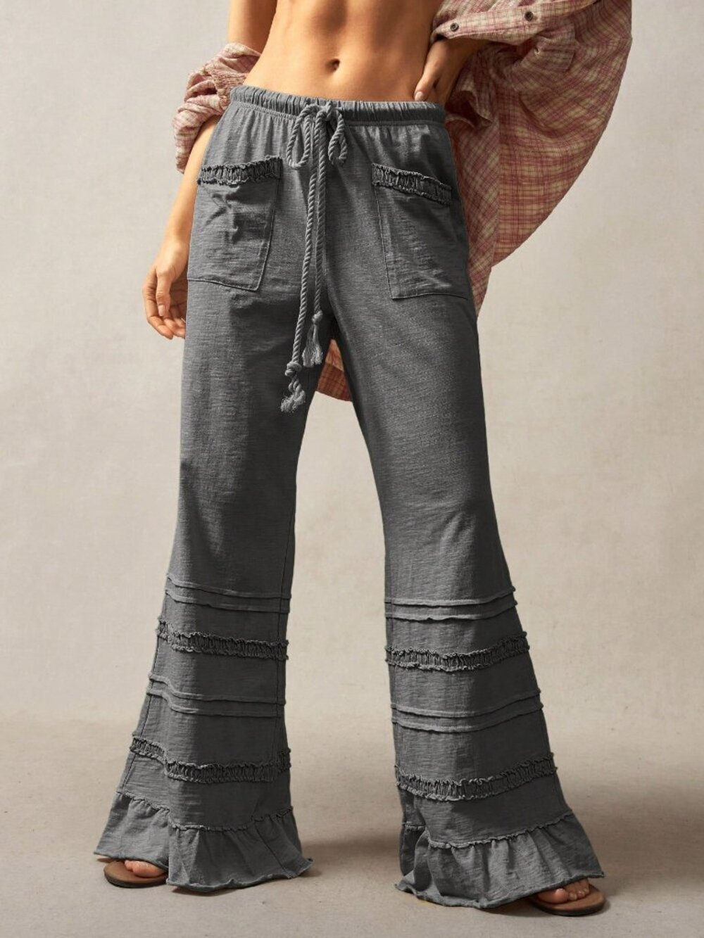 Grey Casual Bohemian Women's High Waist Flare Knit Pants